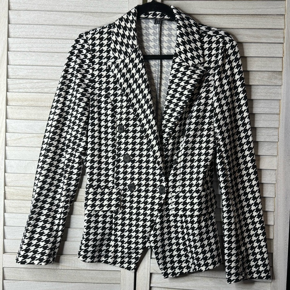 SHEIN Houndstooth Blazer Medium Black White Classic Chic Tailored Trendy Jacket - Picture 6 of 6